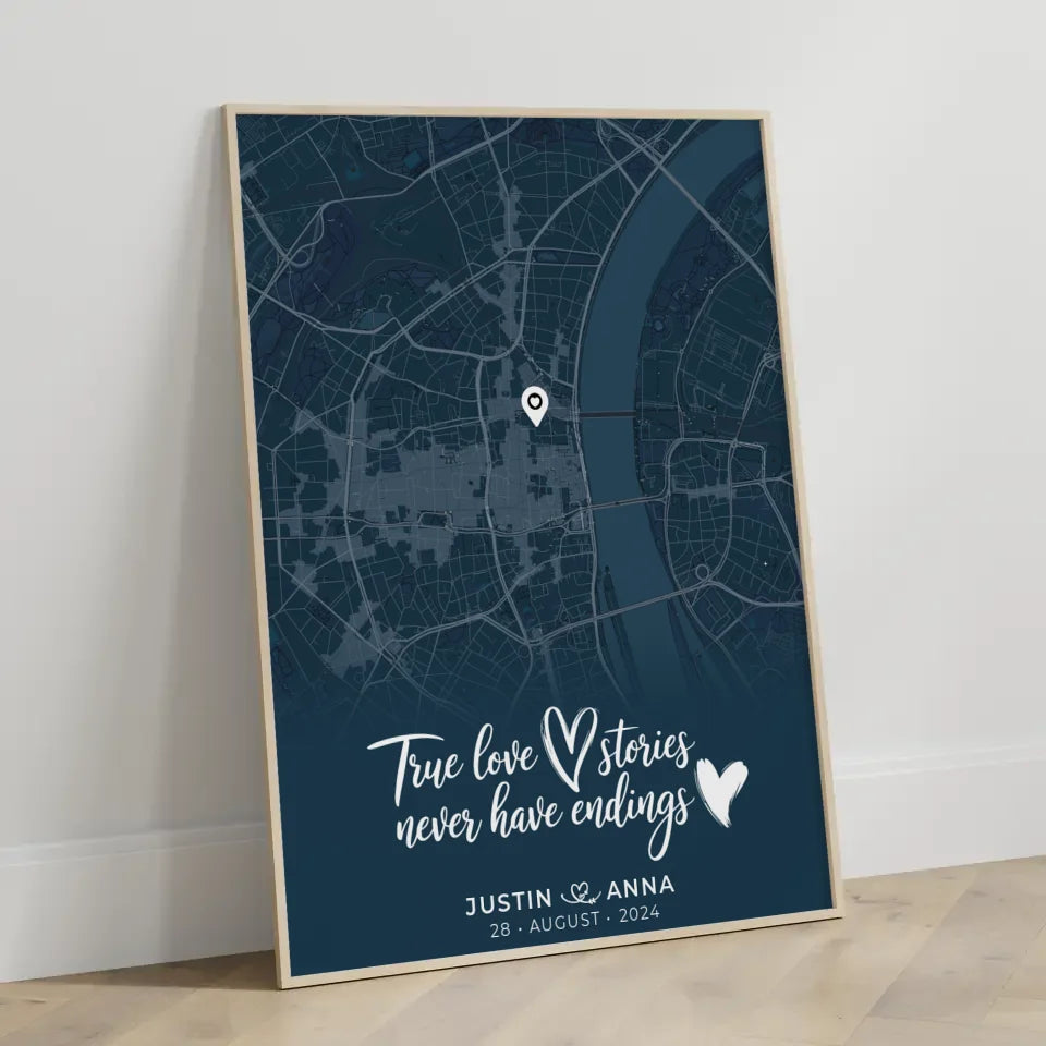 Personalisiertes Liebes Poster für Paare Stadtkarte Blau True Love Stories 3