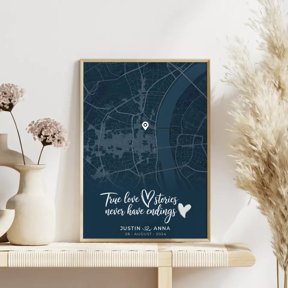 Personalisiertes Liebes Poster für Paare Stadtkarte Blau True Love Stories 4