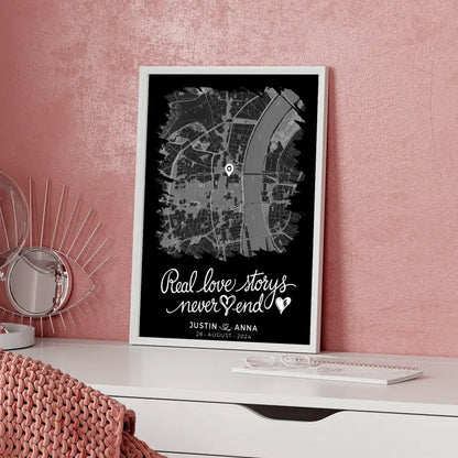 Personalisiertes Liebes Poster Paare Stadtkarte im Pinsel-Stil Real Love Storys