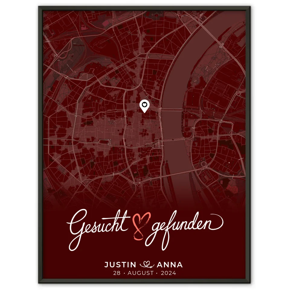 Personalisiertes Liebes Poster für Paare mit Stadtkarte in Rot - Gesucht & Gefunden 1