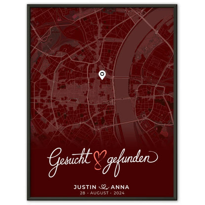 Personalisiertes Liebes Poster für Paare mit Stadtkarte in Rot - Gesucht & Gefunden 1