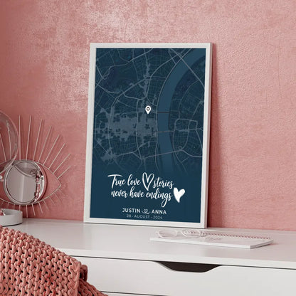 Personalisiertes Liebes Poster für Paare Stadtkarte Blau True Love Stories 5
