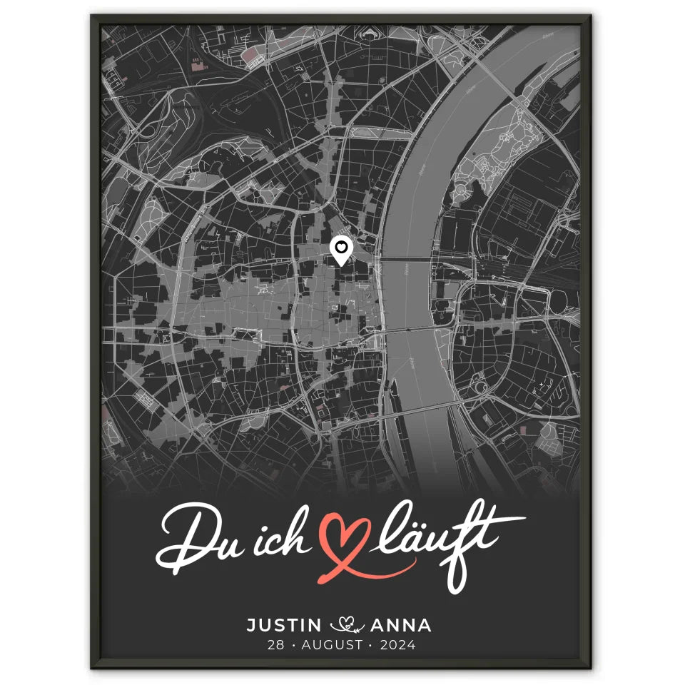 Personalisiertes Poster für Paare Stadtkarte Dunkelgrau Du Ich Läuft 1