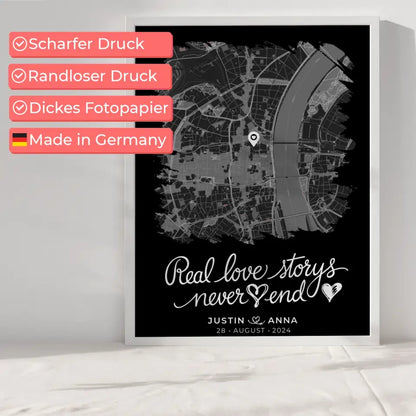 Personalisiertes Liebes Poster Paare Stadtkarte im Pinsel-Stil Real Love Storys