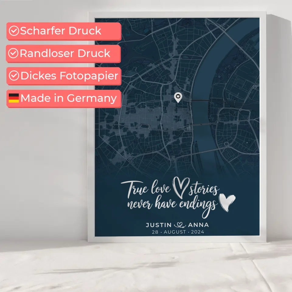 Personalisiertes Liebes Poster für Paare Stadtkarte Blau True Love Stories 6