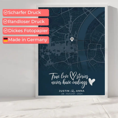 Personalisiertes Liebes Poster für Paare Stadtkarte Blau True Love Stories 6
