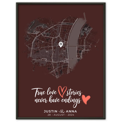 Personalisiertes Poster Paare Stadtkarte Herzform True Love Stories 1