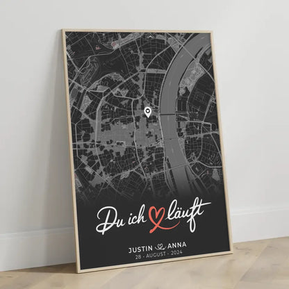 Personalisiertes Poster für Paare Stadtkarte Dunkelgrau Du Ich Läuft 3