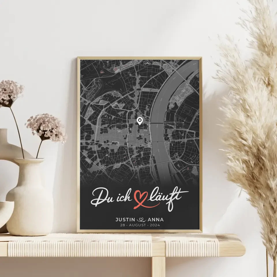 Personalisiertes Poster für Paare Stadtkarte Dunkelgrau Du Ich Läuft 4