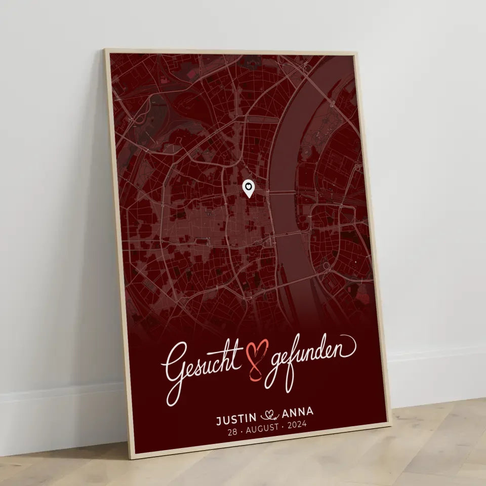 Personalisiertes Liebes Poster für Paare mit Stadtkarte in Rot - Gesucht & Gefunden 3
