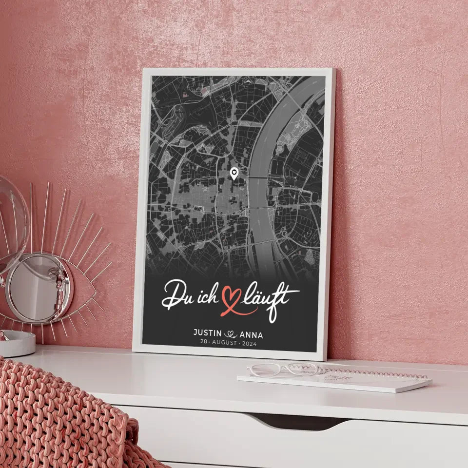 Personalisiertes Poster für Paare Stadtkarte Dunkelgrau Du Ich Läuft 5