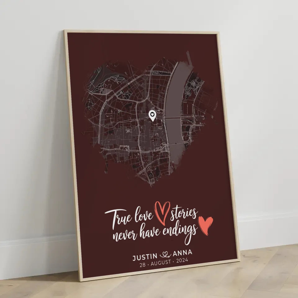 Personalisiertes Poster Paare Stadtkarte Herzform True Love Stories 3