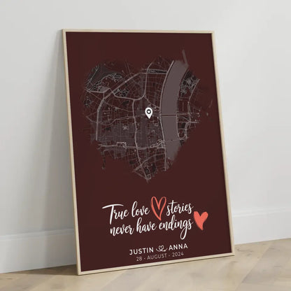 Personalisiertes Poster Paare Stadtkarte Herzform True Love Stories 3