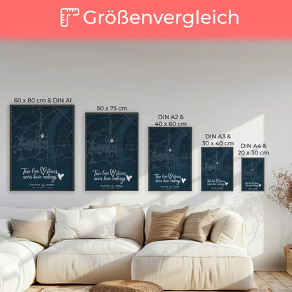 Personalisiertes Liebes Poster für Paare Stadtkarte Blau True Love Stories 7