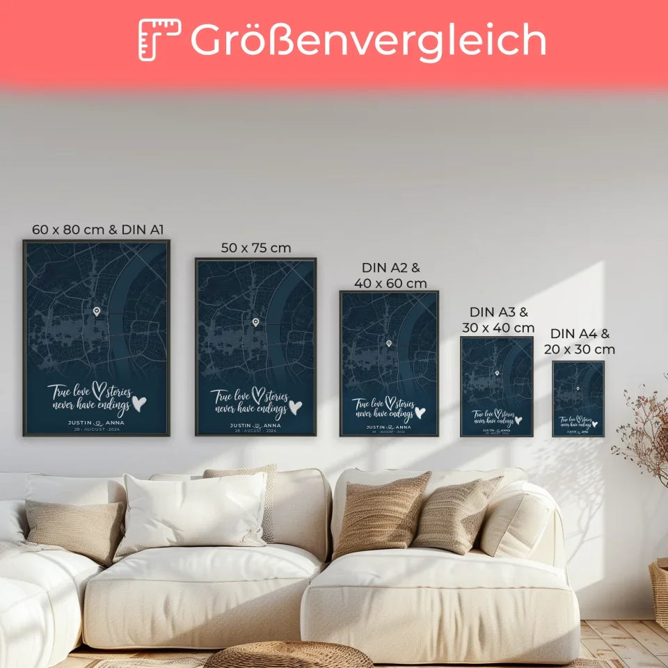 Personalisiertes Liebes Poster für Paare Stadtkarte Blau True Love Stories