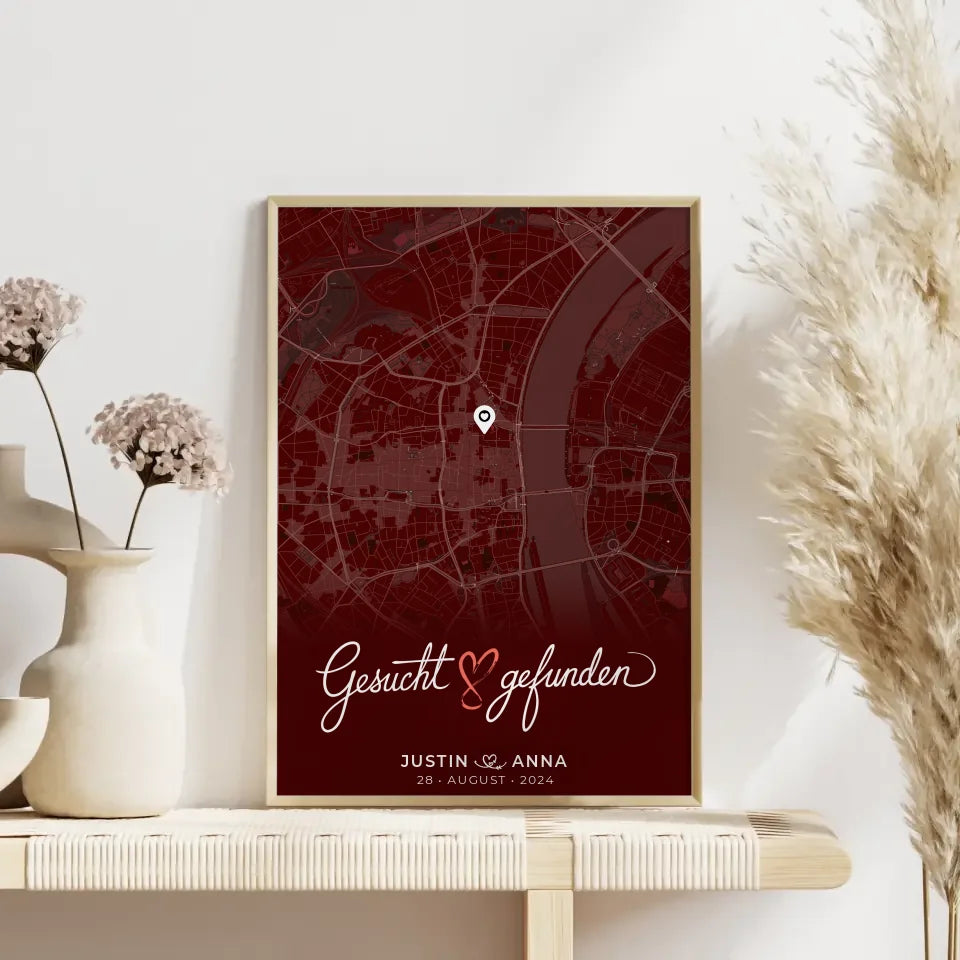 Personalisiertes Liebes Poster für Paare mit Stadtkarte in Rot - Gesucht & Gefunden 4