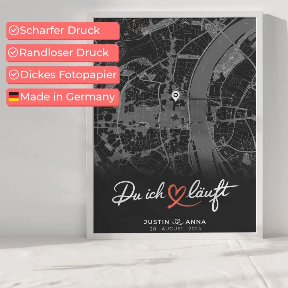 Personalisiertes Poster für Paare Stadtkarte Dunkelgrau Du Ich Läuft 6