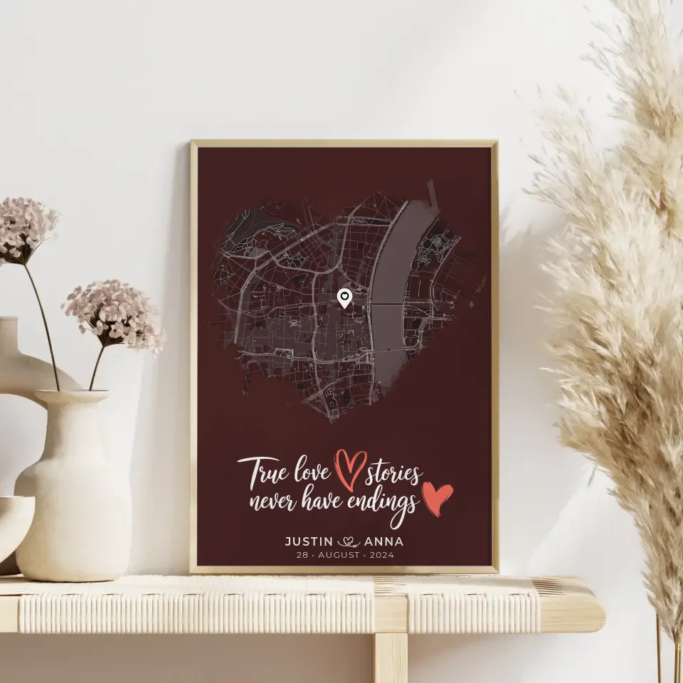 Personalisiertes Poster Paare Stadtkarte Herzform True Love Stories 4