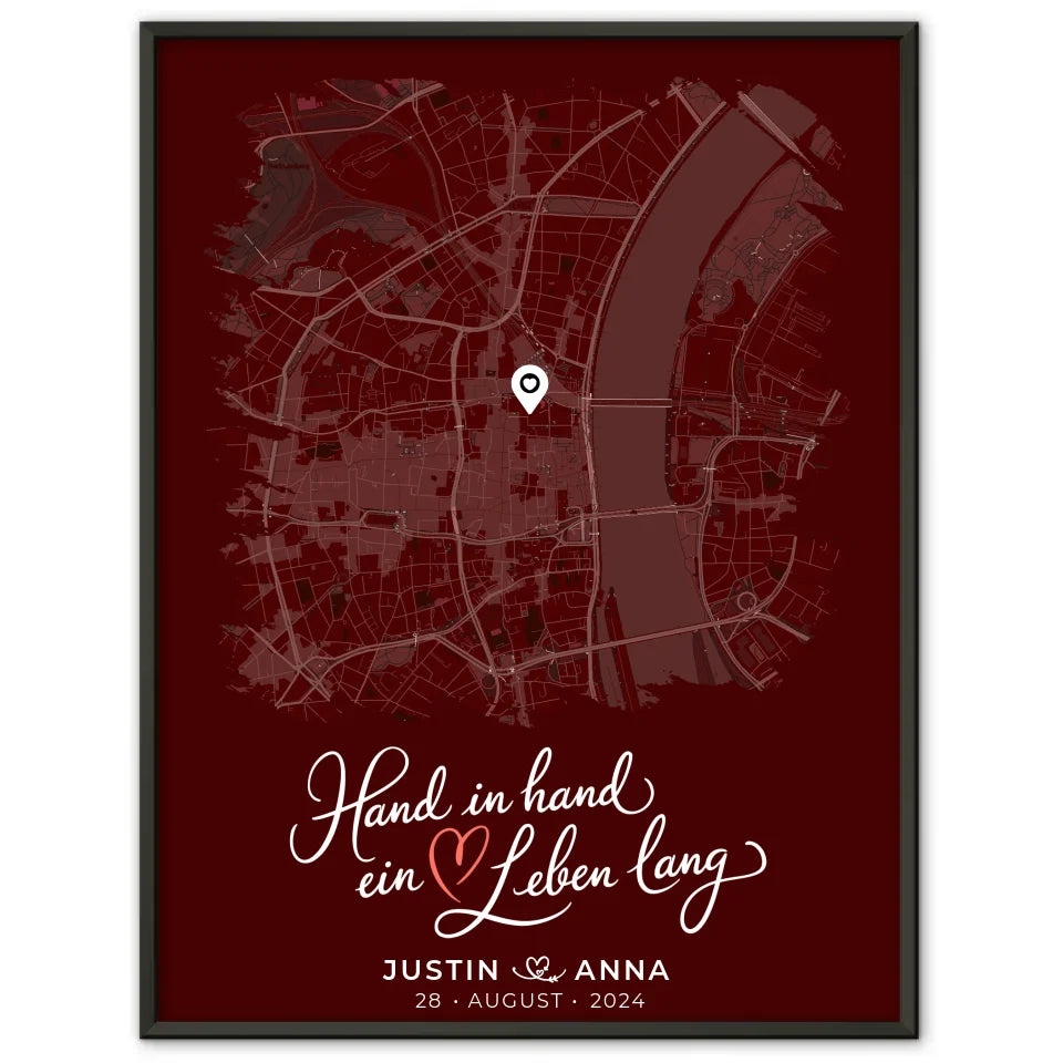 Personalisiertes Liebes Poster Paare Stadtkarte Pinsel-Stil Hand In Hand 1