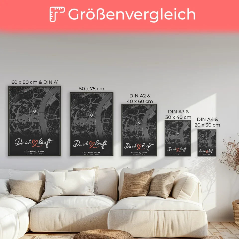 Personalisiertes Poster für Paare Stadtkarte Dunkelgrau Du Ich Läuft 7