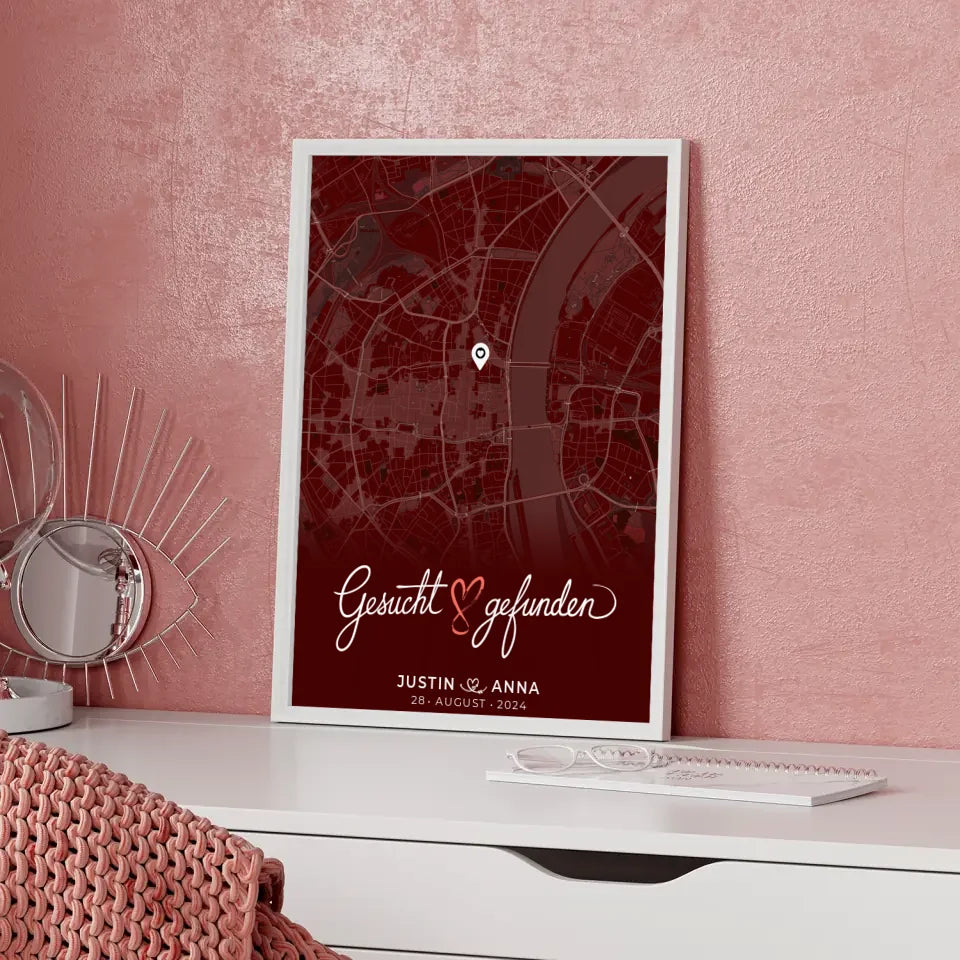 Personalisiertes Liebes Poster für Paare mit Stadtkarte in Rot - Gesucht & Gefunden 5
