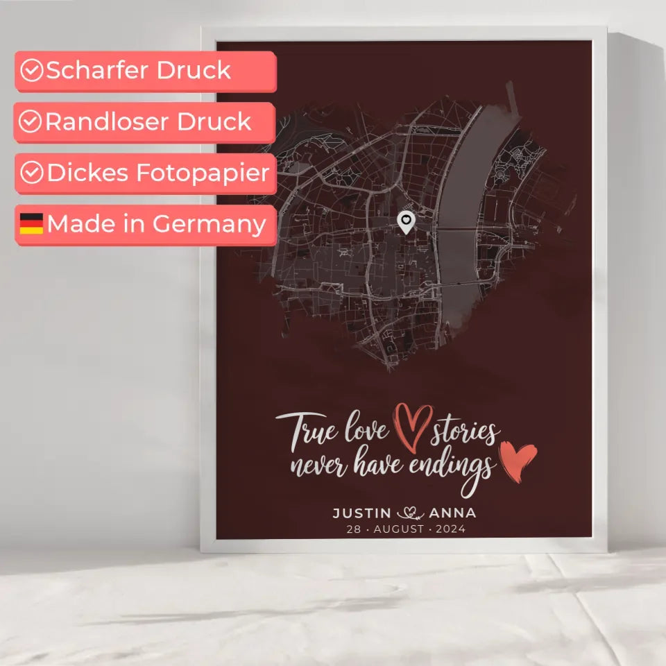 Personalisiertes Poster Paare Stadtkarte Herzform True Love Stories 6