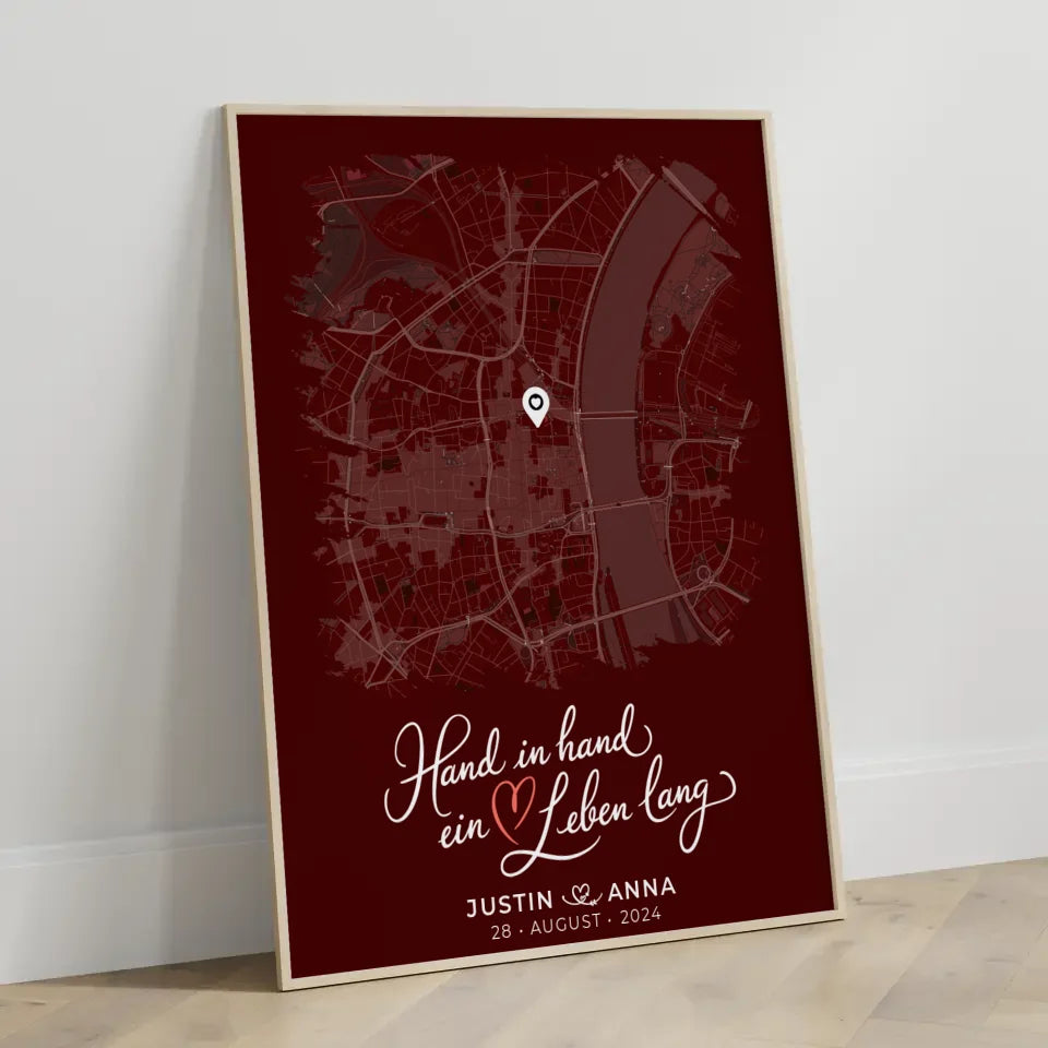 Personalisiertes Liebes Poster Paare Stadtkarte Pinsel-Stil Hand In Hand 3