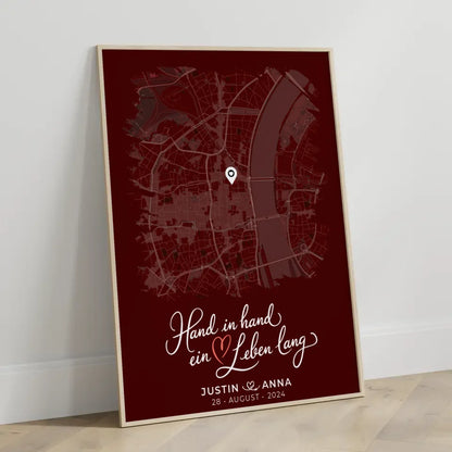 Personalisiertes Liebes Poster Paare Stadtkarte Pinsel-Stil Hand In Hand 3
