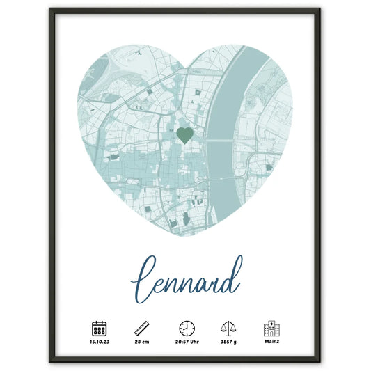 Personalisierte Geburtsposter Blau mit Geburtsdaten und Geburtsort Karte Jungen 1