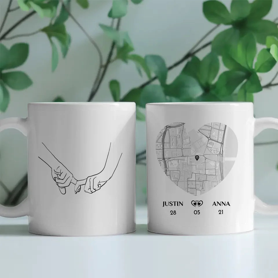 Personalisierte Tasse Hände Line Art Stadtkarte für Paare