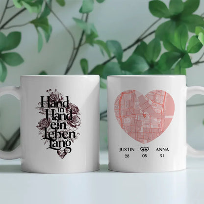 Personalisierte Pärchen Tasse Hand in Hand ein Leben lang Stadtkarte