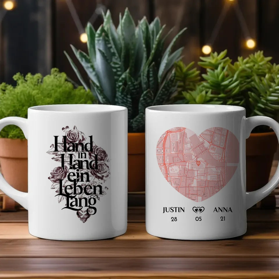 Personalisierte Pärchen Tasse Hand in Hand ein Leben lang Stadtkarte