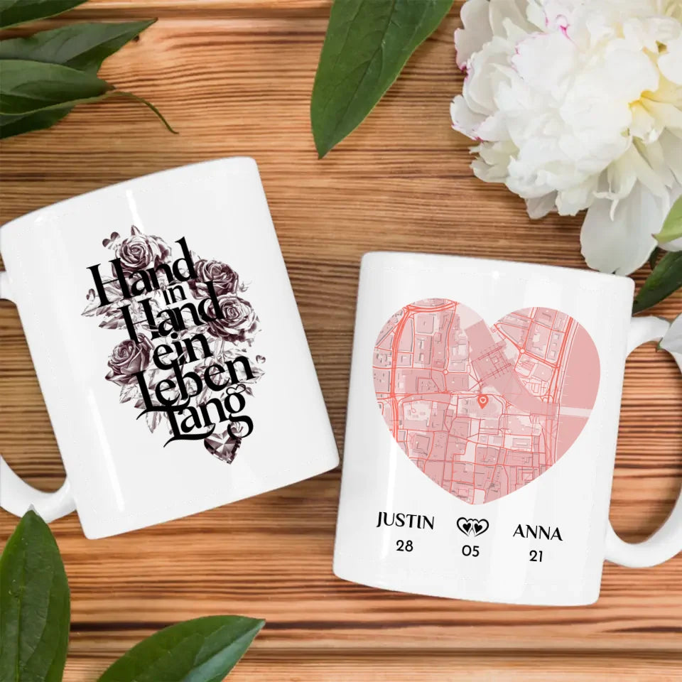 Personalisierte Pärchen Tasse Hand in Hand ein Leben lang Stadtkarte