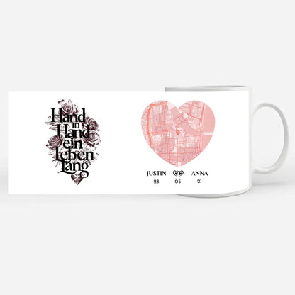 Personalisierte Pärchen Tasse Hand in Hand ein Leben lang Stadtkarte