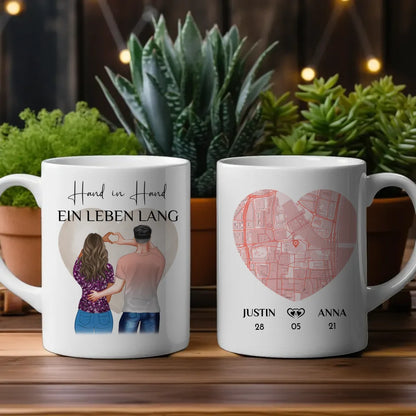 Tasse personalisiert für Paare Stadtkarte Hand in Hand Paar als Cliparts