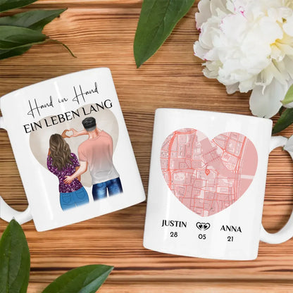 Tasse personalisiert für Paare Stadtkarte Hand in Hand Paar als Cliparts