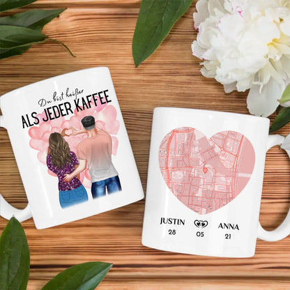 Personalisierte Pärchen Tasse Stadtkarte Du bist heißer als jeder Kaffee