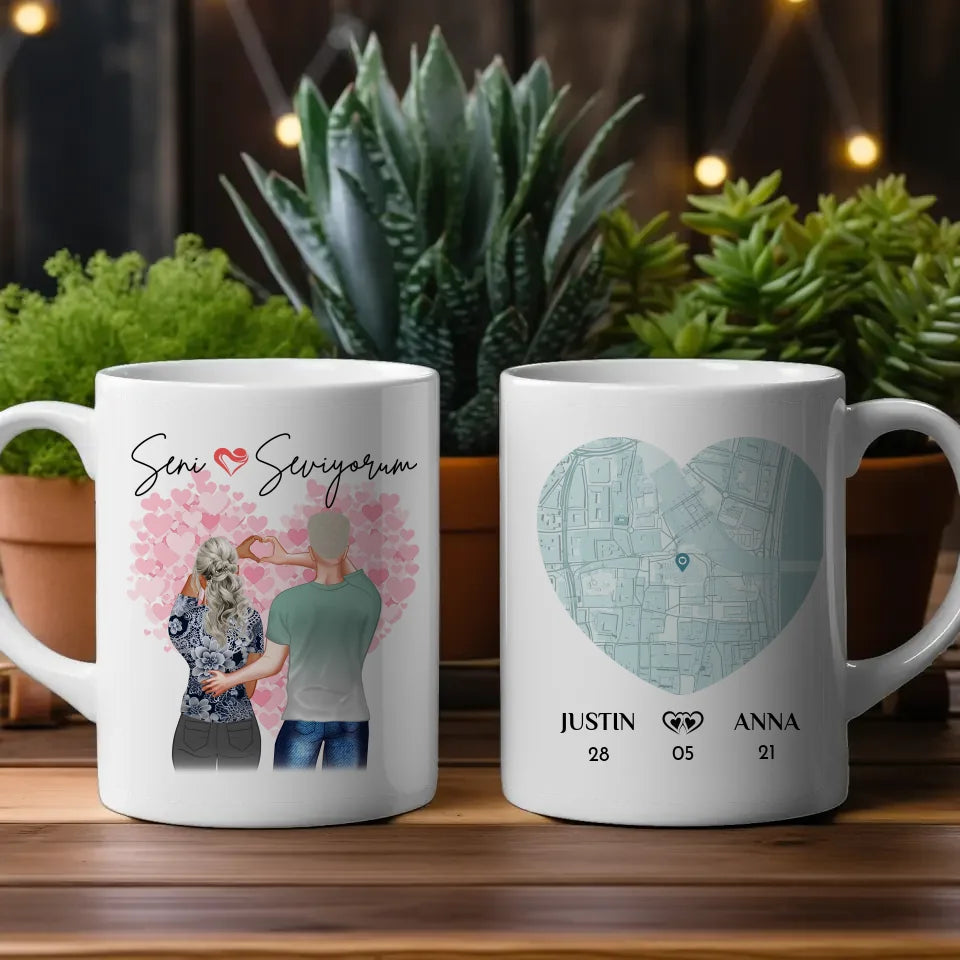 Personalisierte Tasse Stadtkarte Seni Seviyorum für Paare