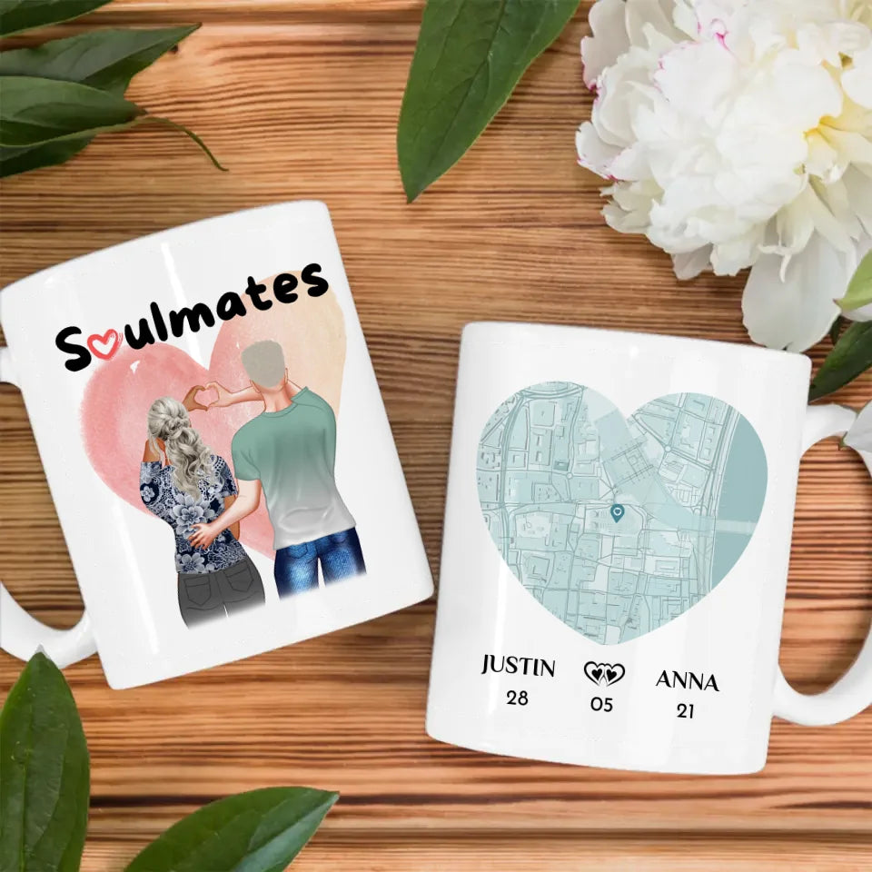 Personalisierte Pärchen Tasse Stadtkarte Soulmates Ihr als Figuren