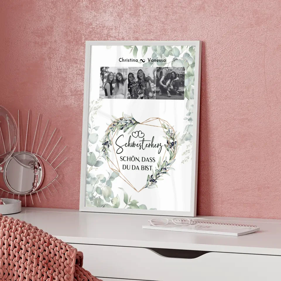 Personalisiertes Poster Schwester Schwesterherz Schön dass du da bist 3 Fotos Black & White