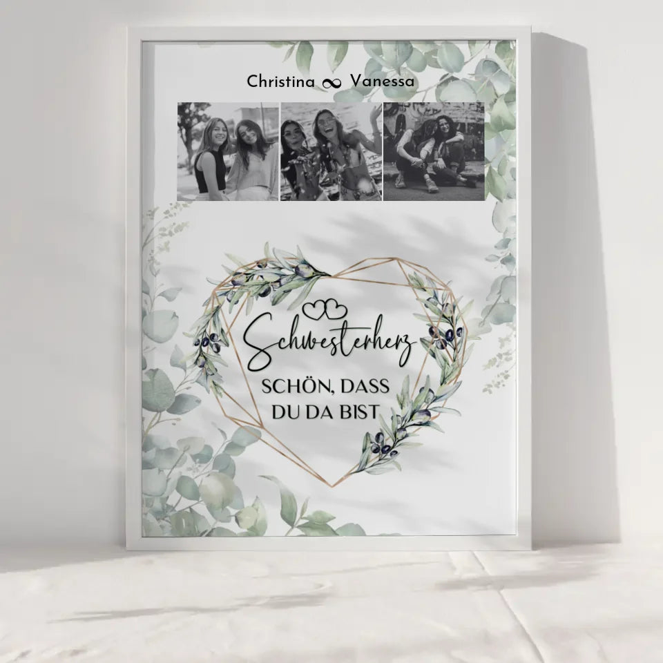 Personalisiertes Poster Schwester Schwesterherz Schön dass du da bist 3 Fotos Black & White