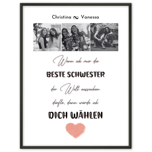 Schwester Poster Personalisiert Beste Schwester der Welt 3 Fotos Black & White