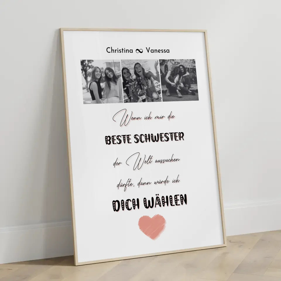 Schwester Poster Personalisiert Beste Schwester der Welt 3 Fotos Black & White