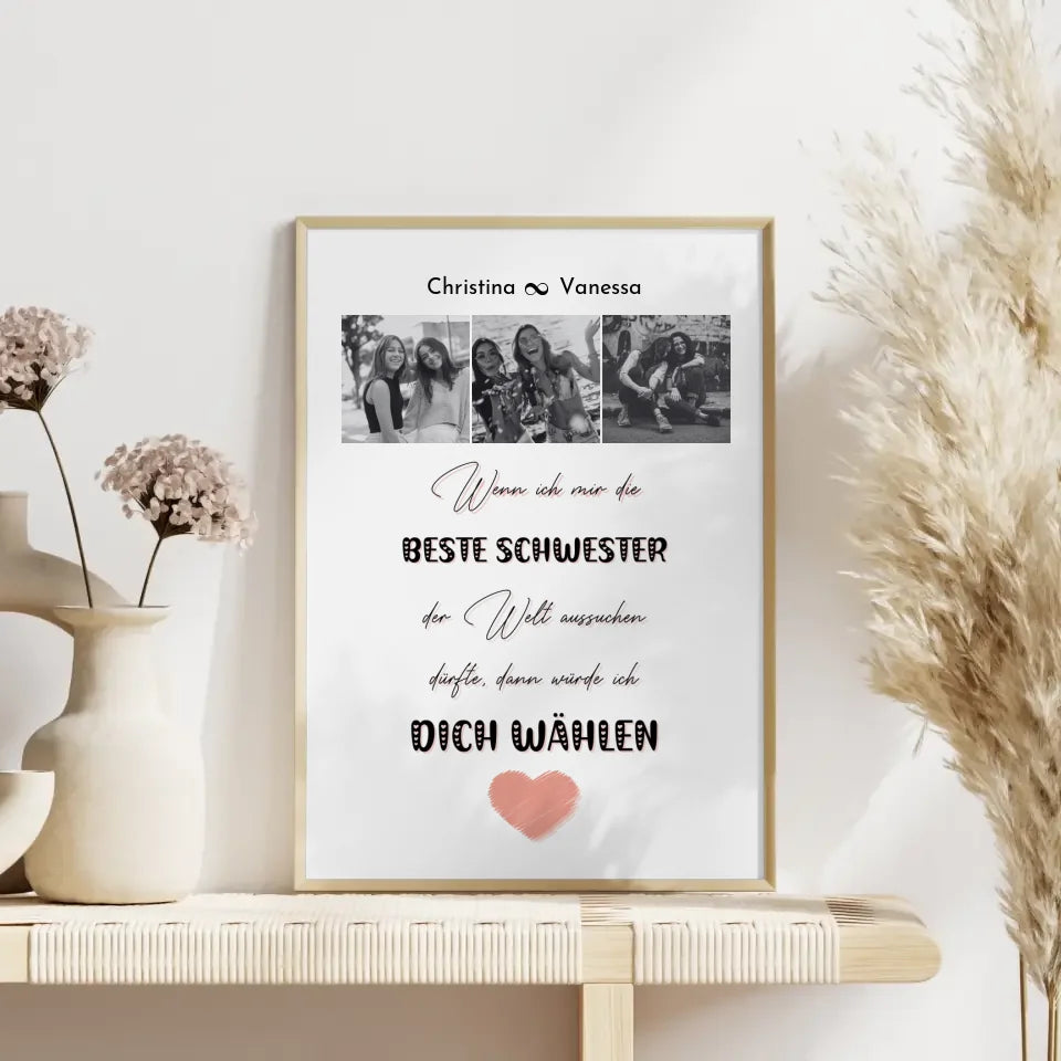 Schwester Poster Personalisiert Beste Schwester der Welt 3 Fotos Black & White