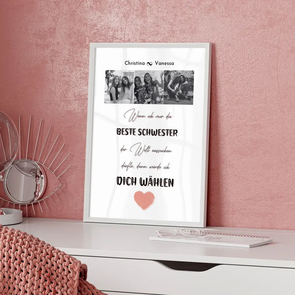 Schwester Poster Personalisiert Beste Schwester der Welt 3 Fotos Black & White