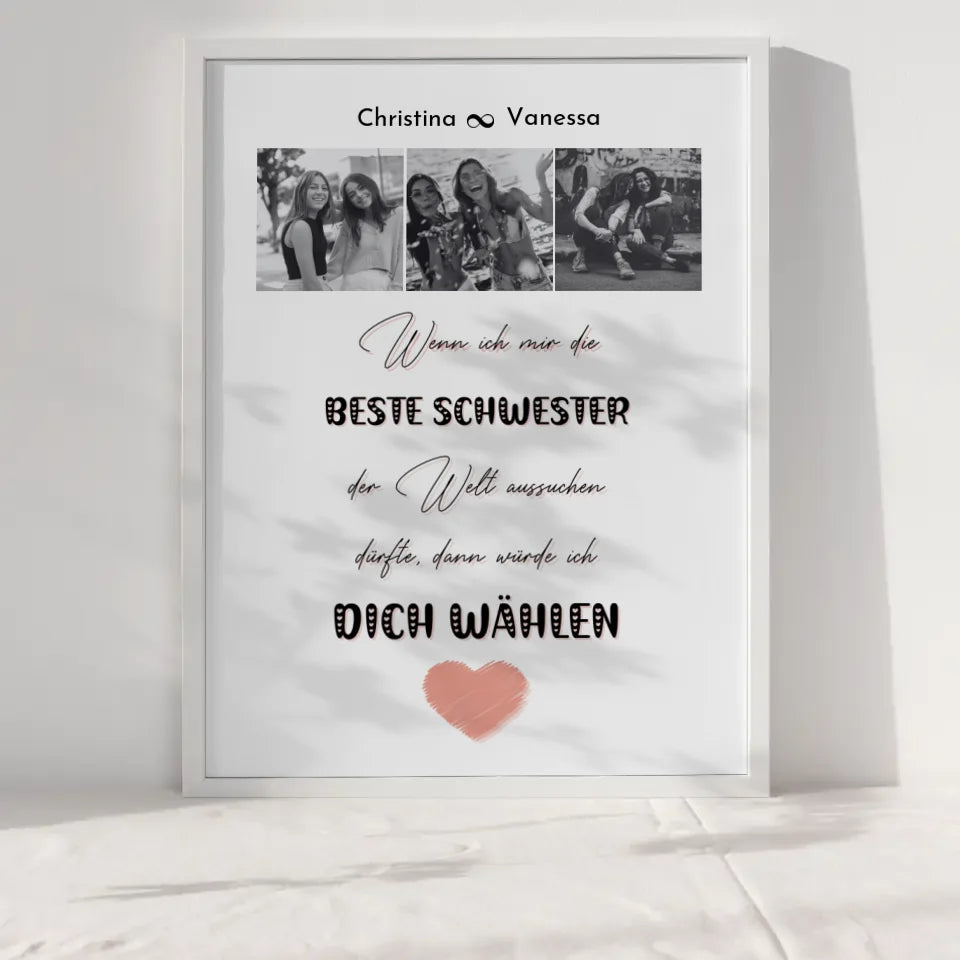 Schwester Poster Personalisiert Beste Schwester der Welt 3 Fotos Black & White