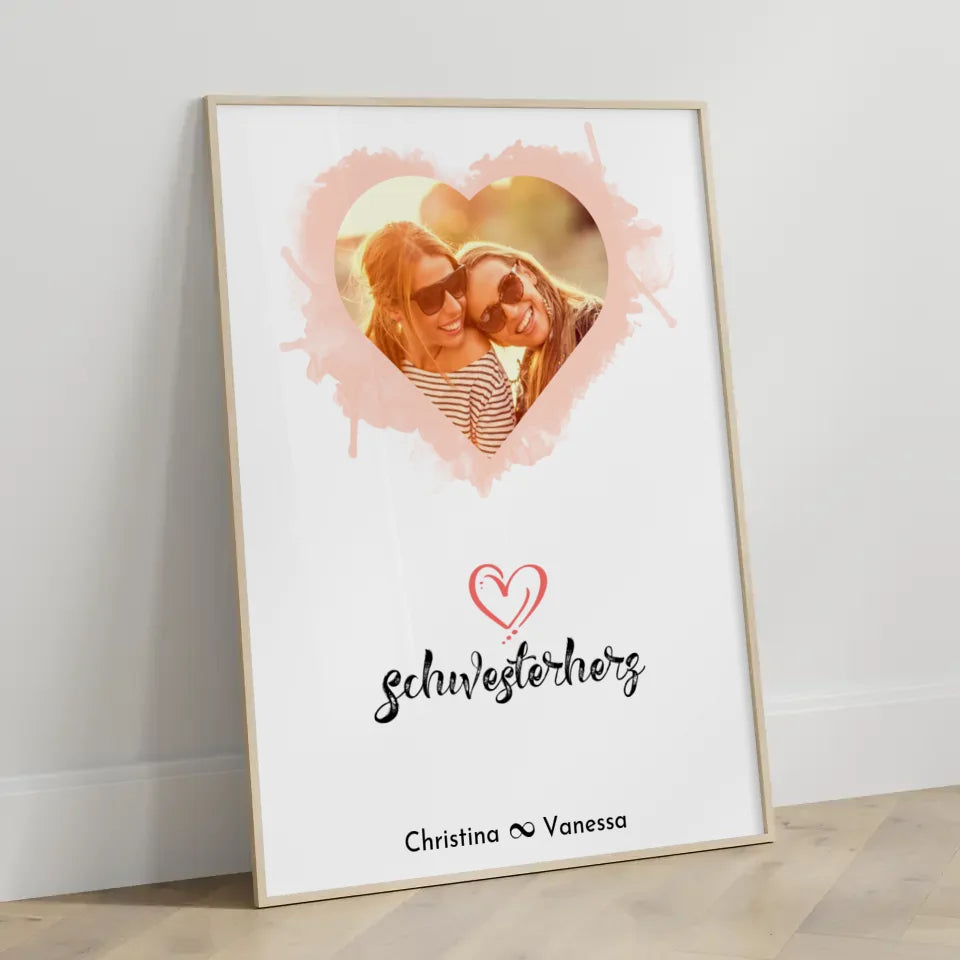 Schwester Poster Personalisiert Schwesterherz Herz Foto & Wunsch Spruch