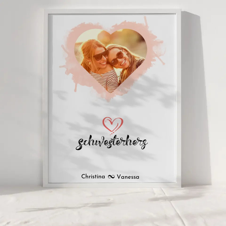 Schwester Poster Personalisiert Schwesterherz Herz Foto & Wunsch Spruch