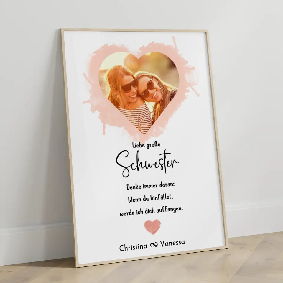 Personalisiertes Poster Schwester Schwester Denke immer daran Foto in Herzform