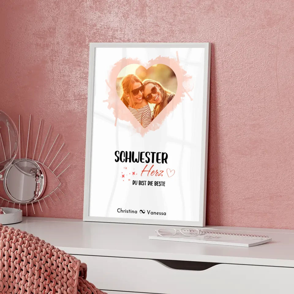Personalisiertes Fotoposter Schwester Schwesterherz Herz Foto & Spruch